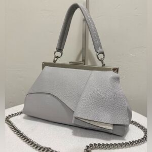 Handmade Cowhide Leather Asymmetrical Ruffles Metal Frame Bag, Multi Use Style